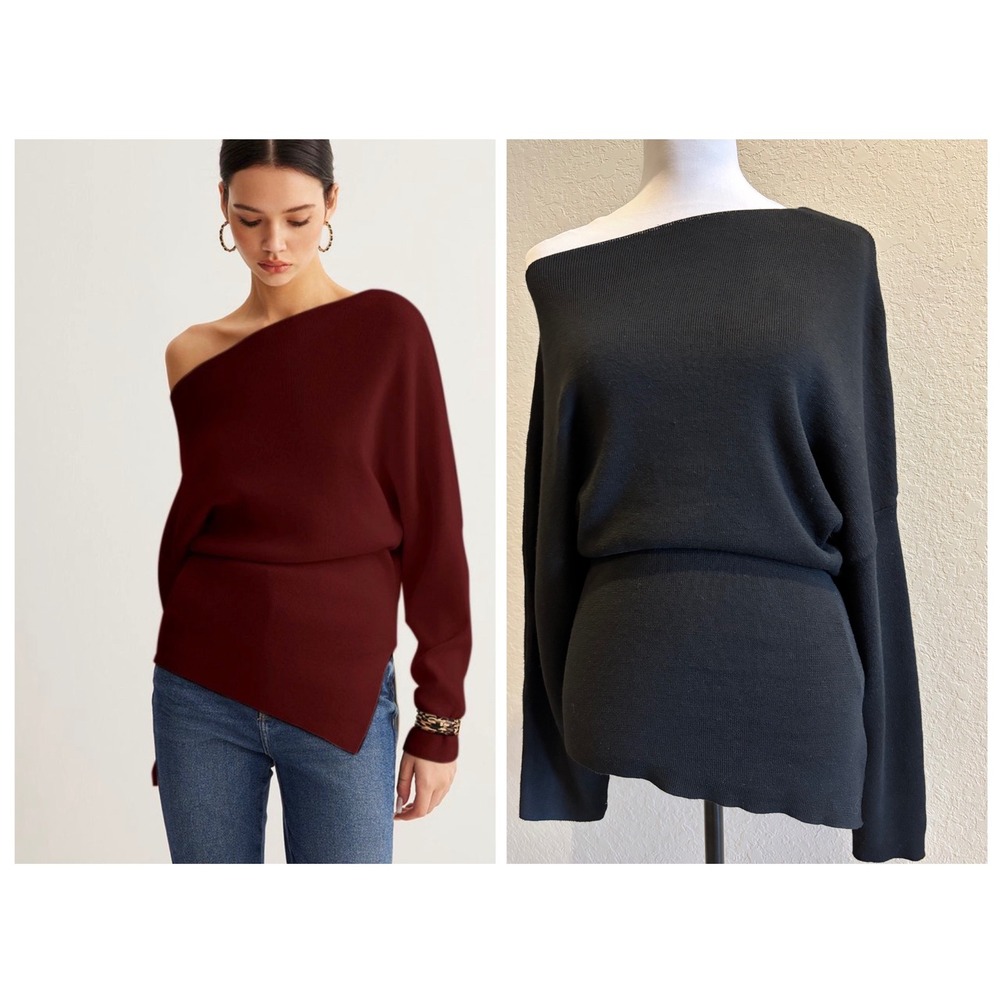 Commense Sweater Women S Black Off Shoulder Asymmetrical Wool Blend Knit